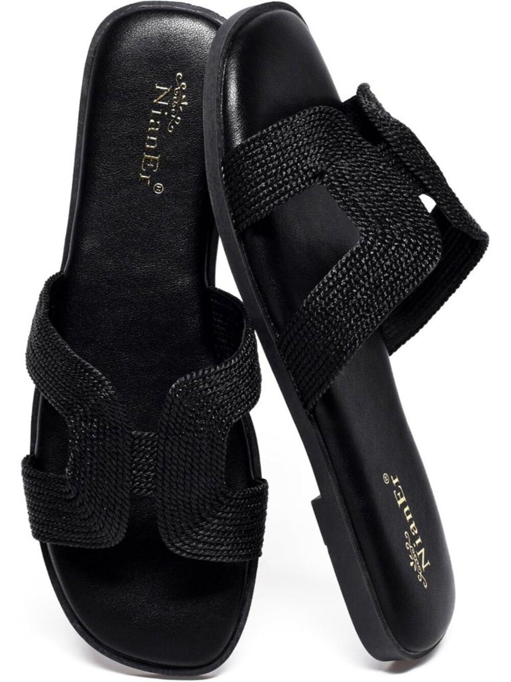 NianEr Women's Black Leather Comfortable Casual Summer Flats Sandals Shoes